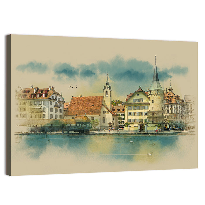 Lucerne Waterfront Sketch Wall Art as a canvas print