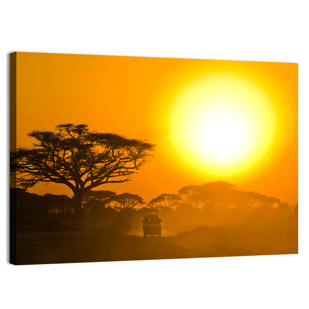 Jeep on Savannah at Sunset Wall Art, canvas print, landscape