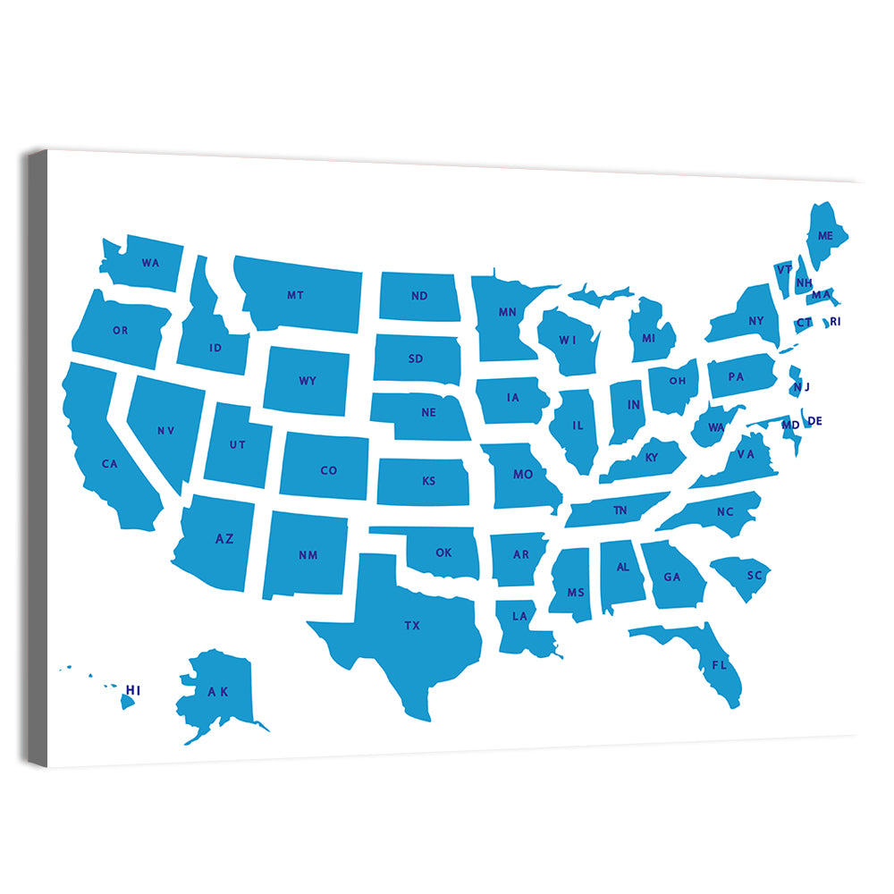 Blue Minimalist USA Map Wall Art, canvas print, landscape