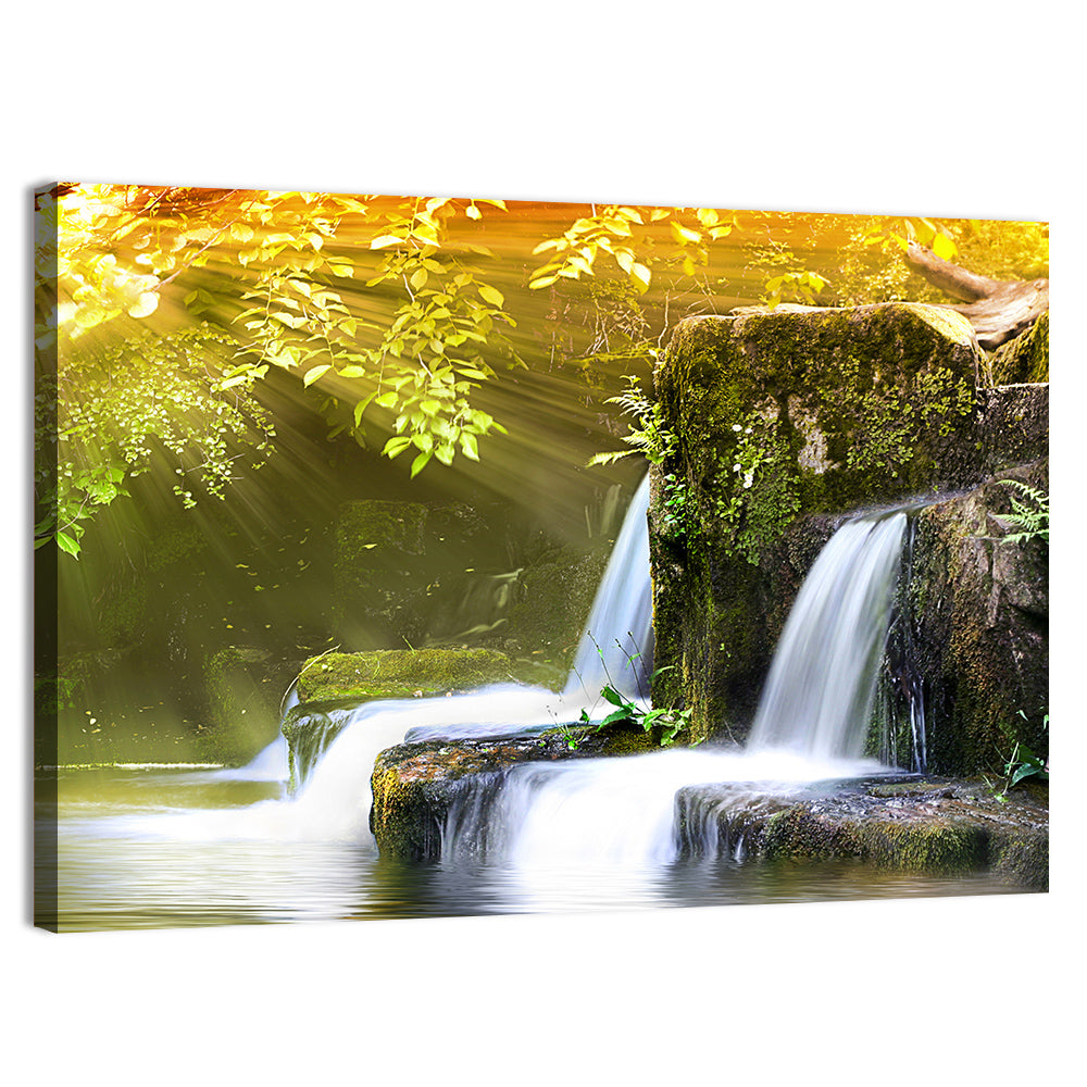 Sunlit Forest Waterfall Wall Art, canvas print, landscape