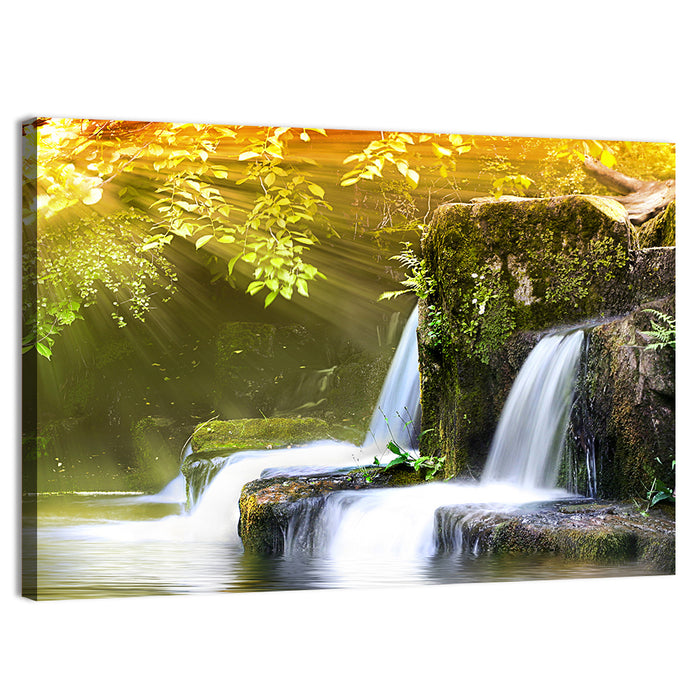 Sunlit Forest Waterfall Wall Art as a canvas print
