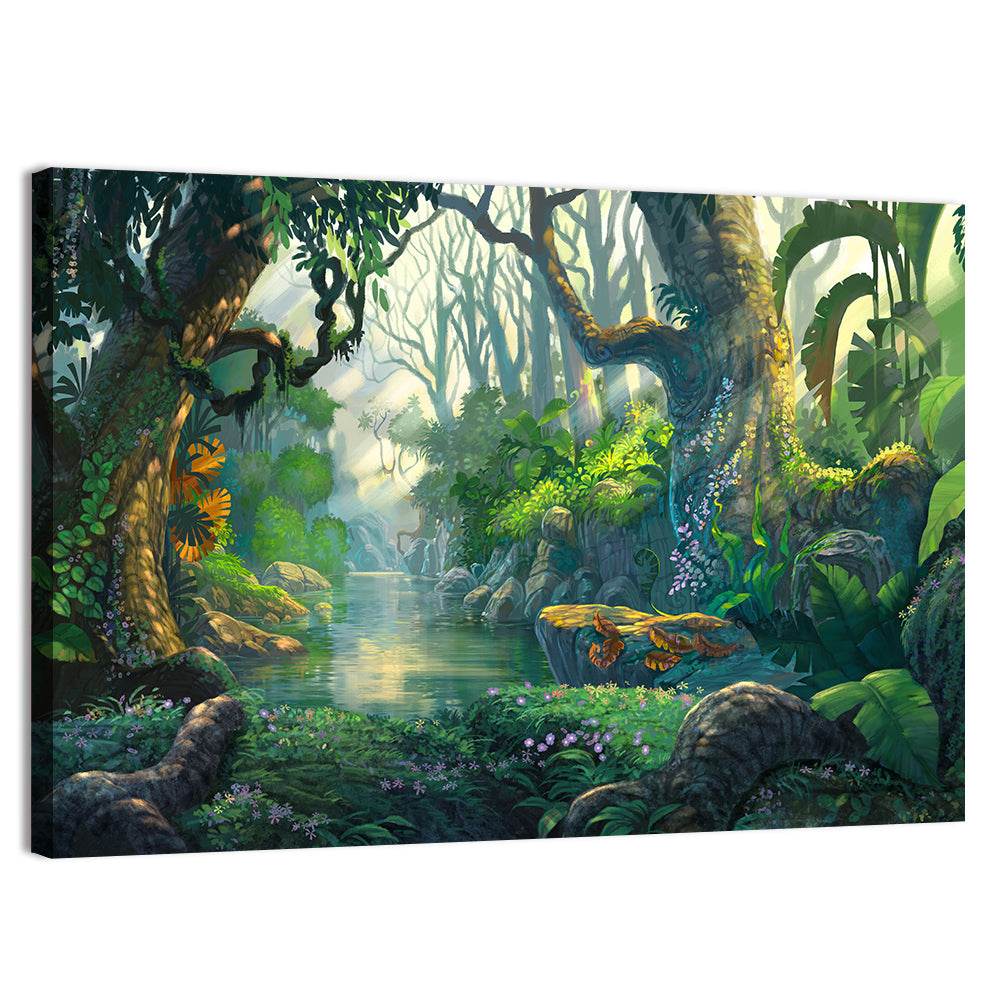 Sunlit Jungle River Wall Art, canvas print, landscape