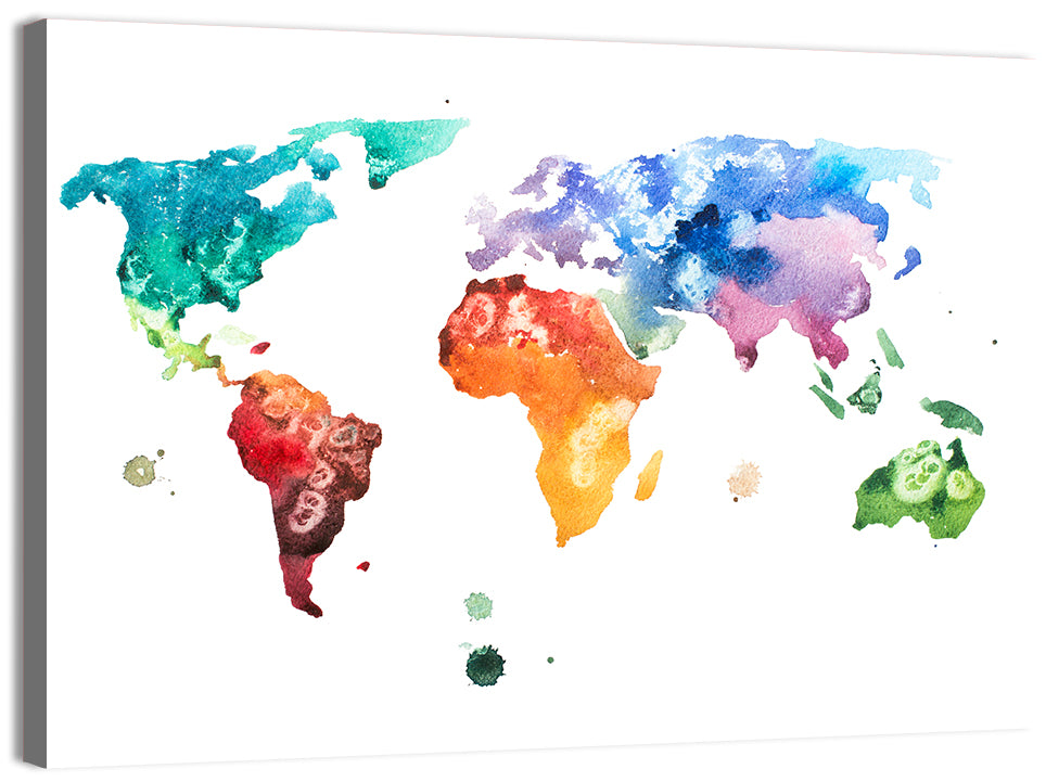 Multicolor Watercolor World Map Wall Art