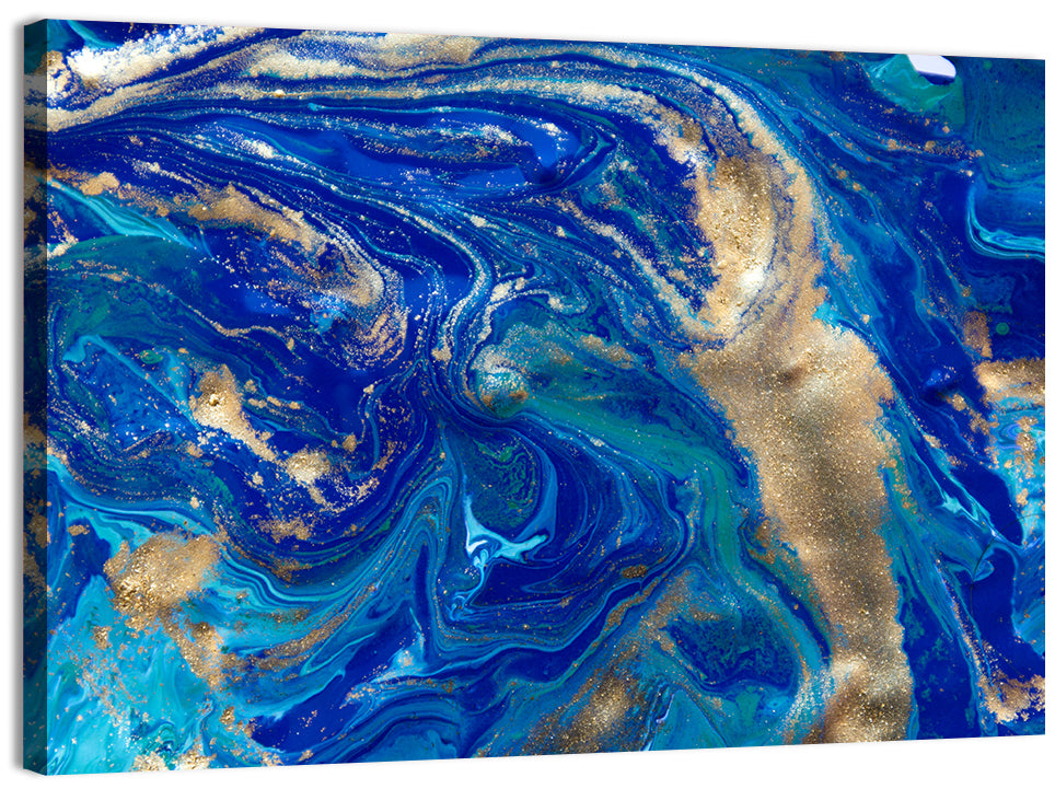 Blue and Gold Liquid Marble Swirls Wall Art