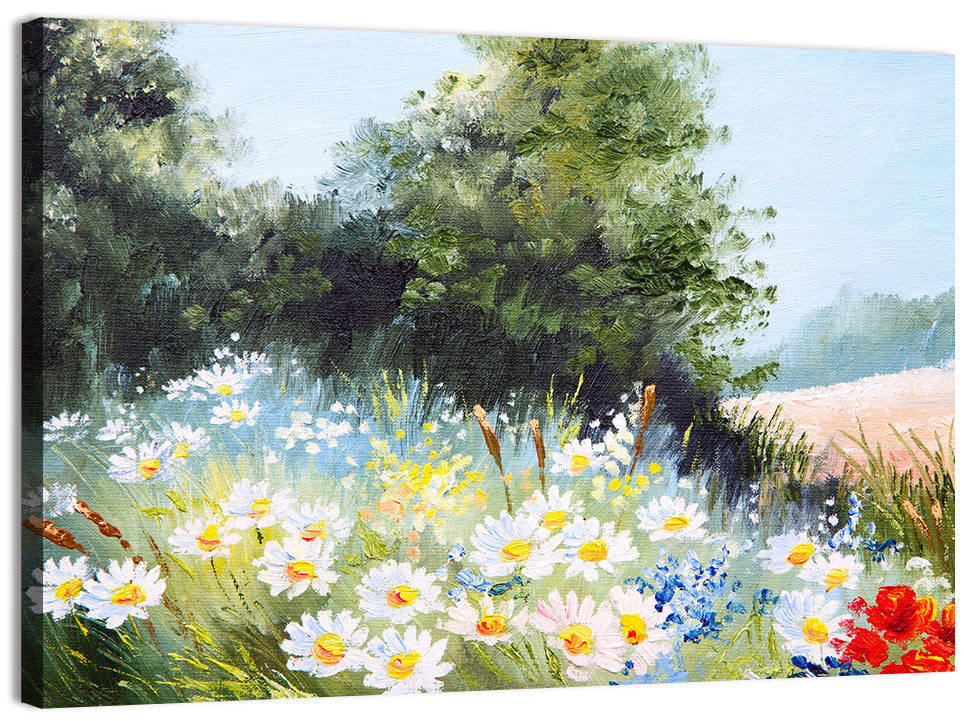 Sunny Daisy Meadow with Red Poppies Wall Art, canvas print, landscape