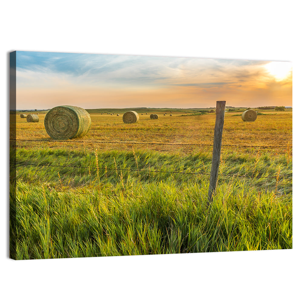 Hay Bales at Sunset Wall Art, canvas print, landscape