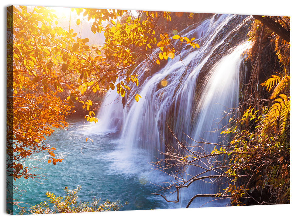 Golden Hour Waterfall in Autumn Forest Wall Art, canvas print, landscape