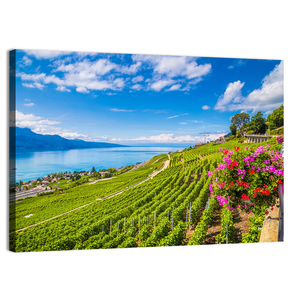 Lavaux Vineyard Terraces Over Lake Geneva Wall Art, canvas print, landscape