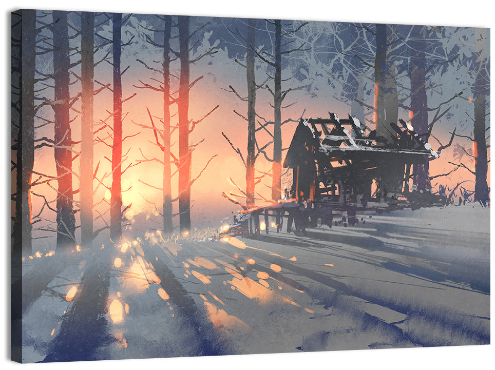 Snowy Forest Cabin at Sunset Wall Art, canvas print, landscape