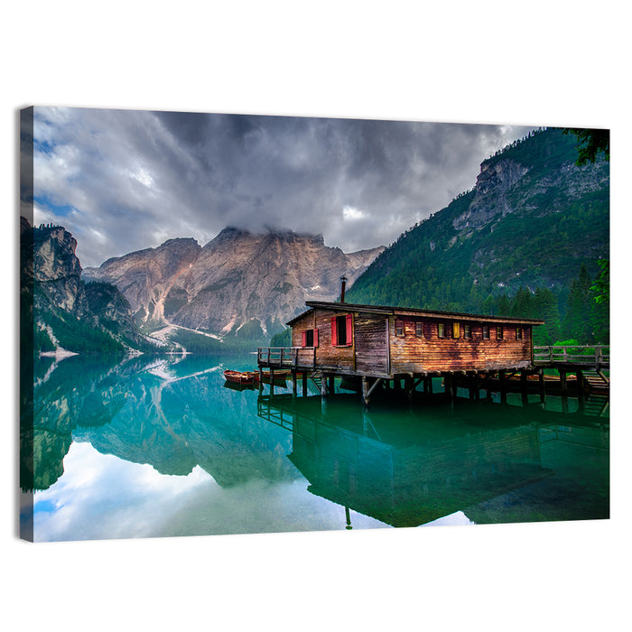 Boathouse at Lago Di Braies Wall Art as a canvas print