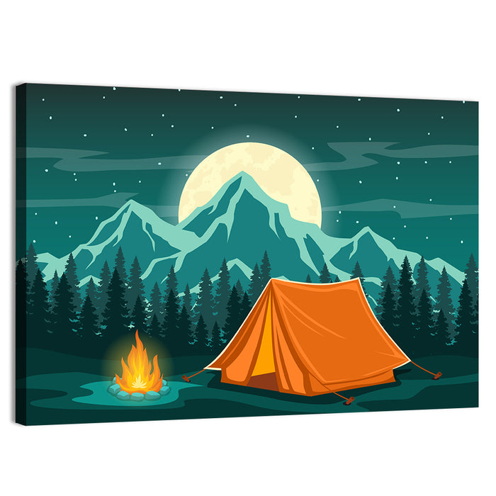 Moonlit Campfire Landscape Wall Art as a canvas print