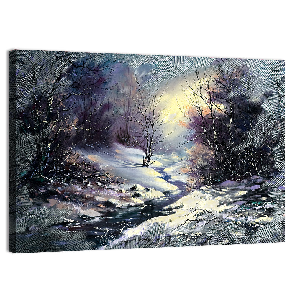 Sunlit Frozen Stream in Winter Forest Wall Art