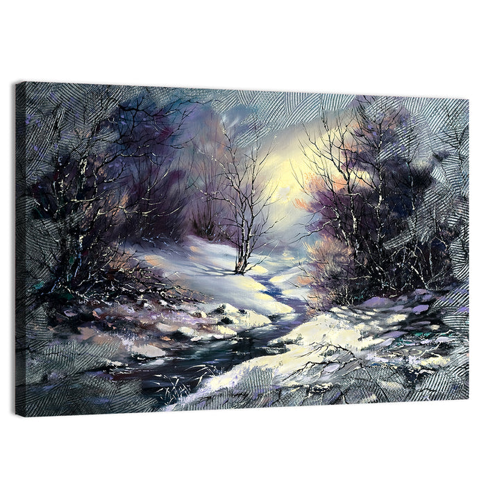 Sunlit Frozen Stream in Winter Forest Wall Art as a canvas print