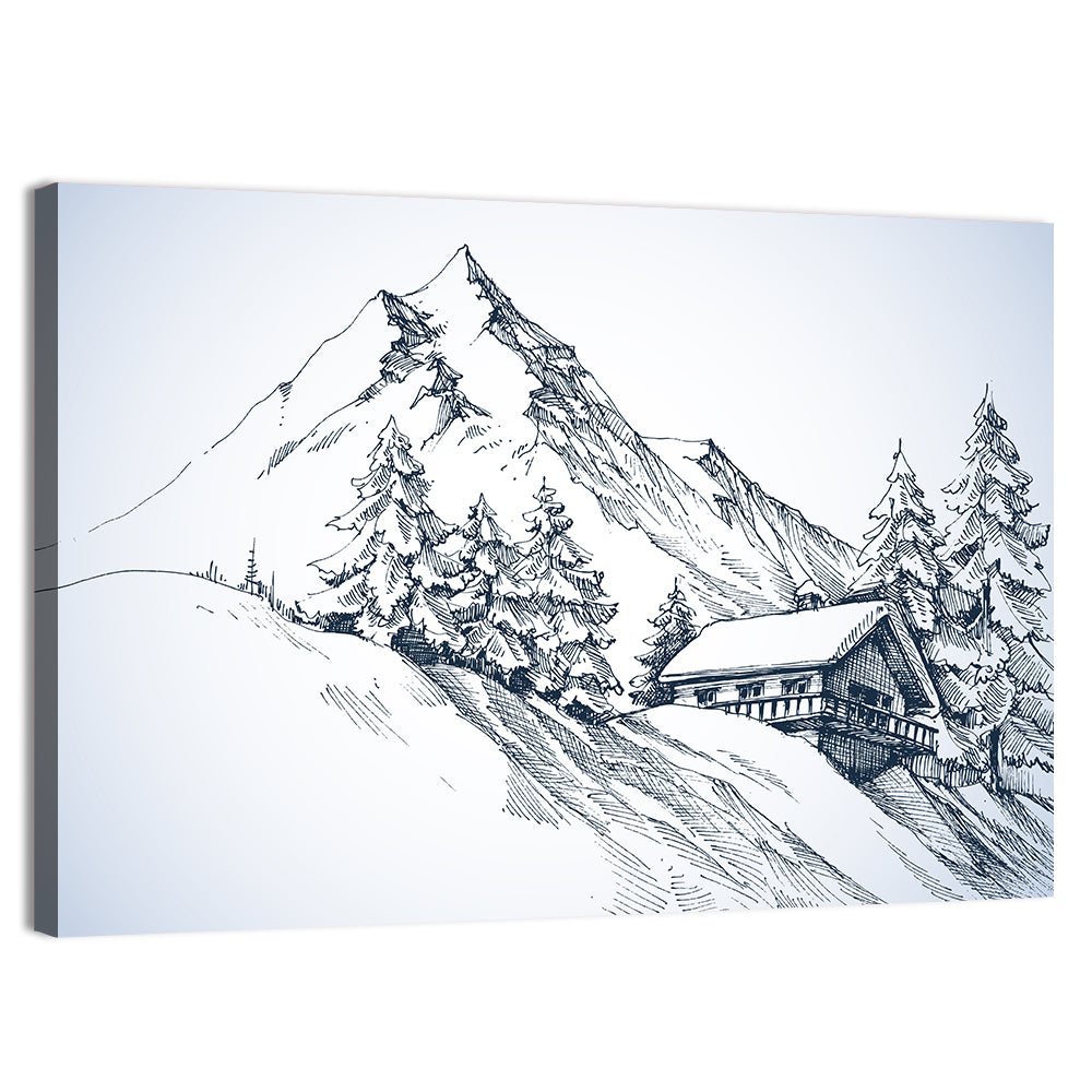 Snowy Mountain Cabin Sketch Wall Art