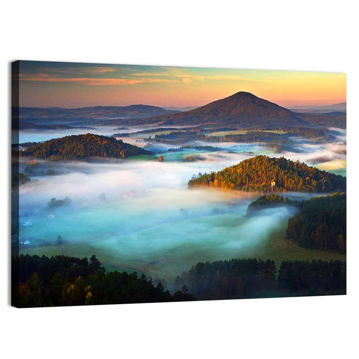 Golden Hour Foggy Hills Wall Art as a canvas print