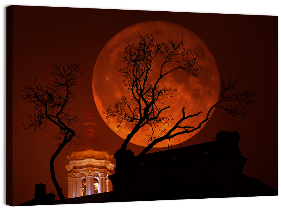 Haunted Supermoon Over Church Spire Wall Art, canvas print, landscape