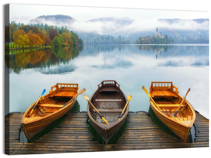 Moored Boats on Misty Lake Bled Wall Art as a canvas print