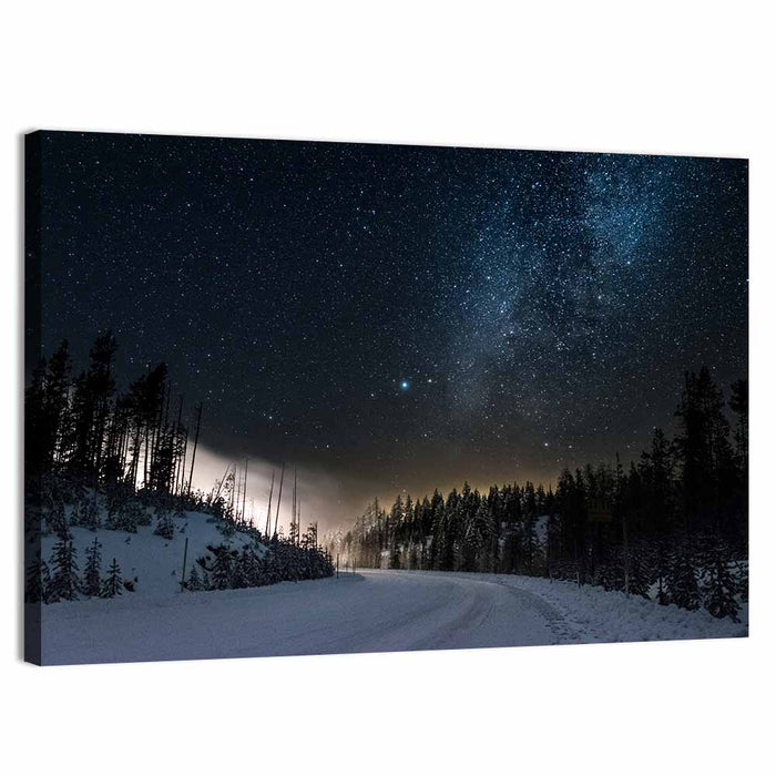 Snowy Road Under Milky Way Wall Art as a canvas print