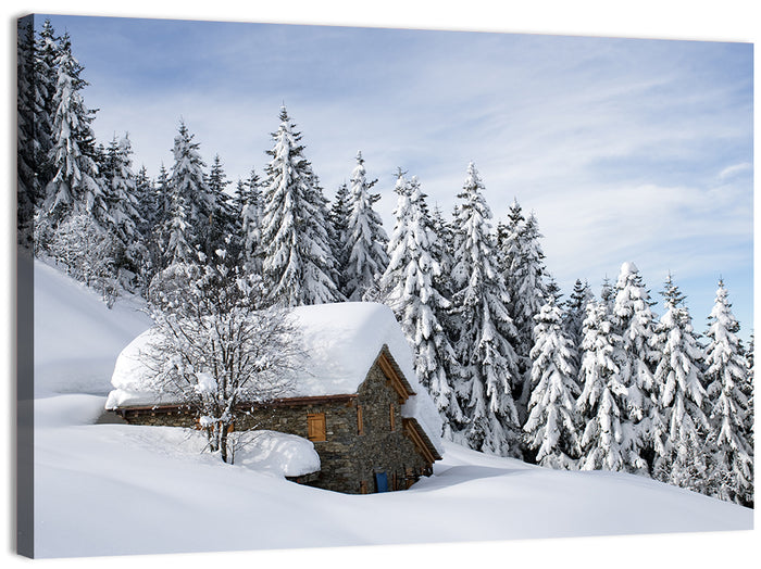 Snow Covered Alpine Cabin Wall Art as a canvas print