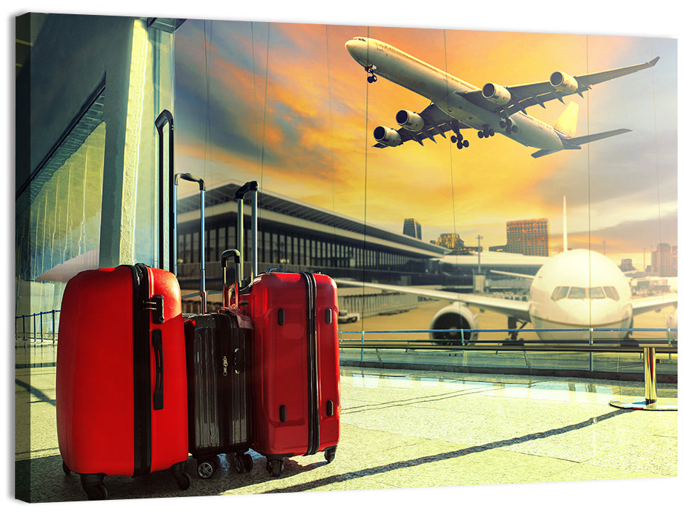 Suitcases at the Airport Window Wall Art, canvas print, landscape