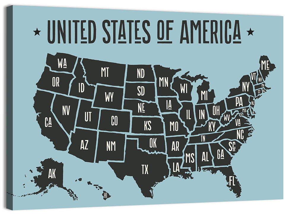 Minimalist USA Map with State Abbreviations Wall Art
