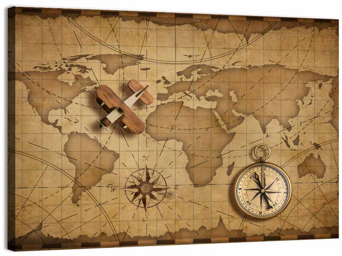 Retro Map with Biplane and Compass Wall Art as a canvas print