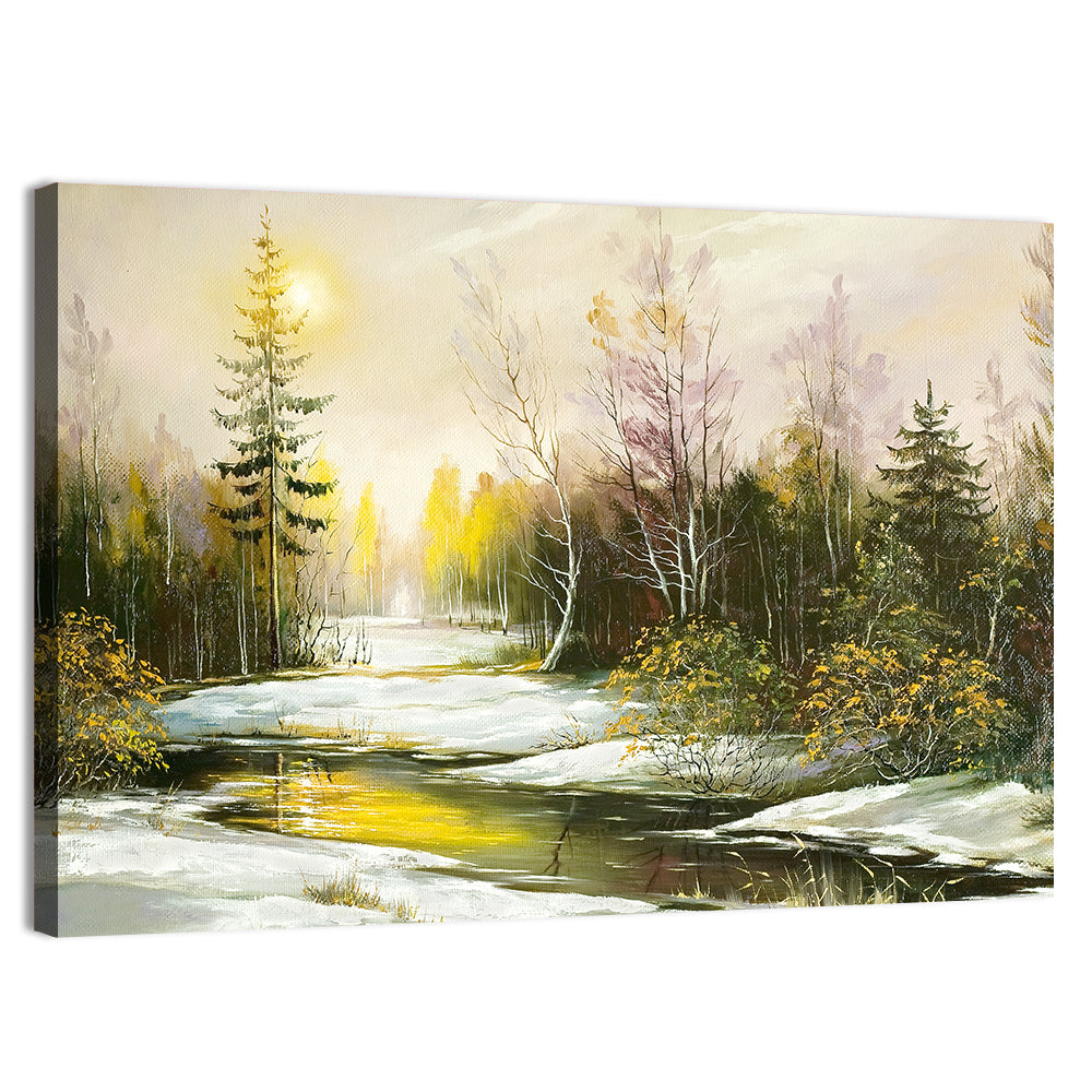 Sunlit Winter River Landscape Wall Art
