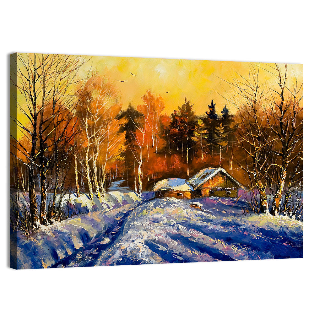 Winter Cottage Sunset Wall Art, canvas print, landscape