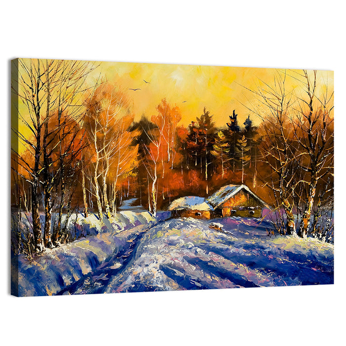 Winter Cottage Sunset Wall Art as a canvas print