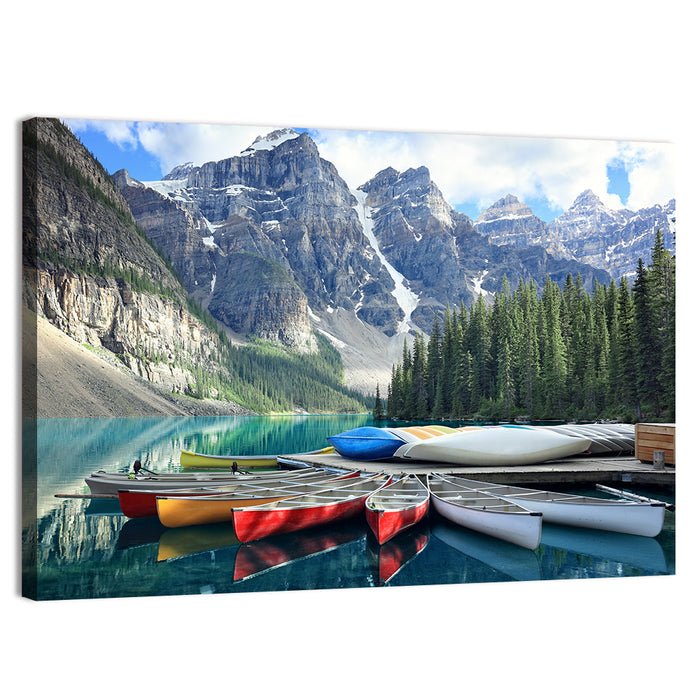 Moraine Lake Canoes at Lake Louise Wall Art as a canvas print