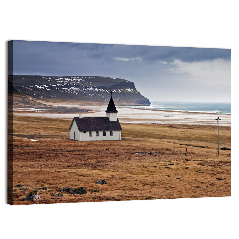 Icelandic Church with Dark Steeple Wall Art, canvas print, landscape