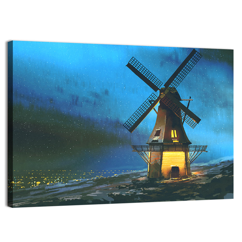 Seaside Windmill at Night Wall Art