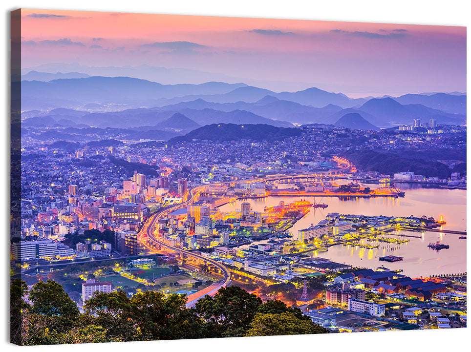 Sasebo Downtown Twilight Harbor Wall Art, canvas print, landscape