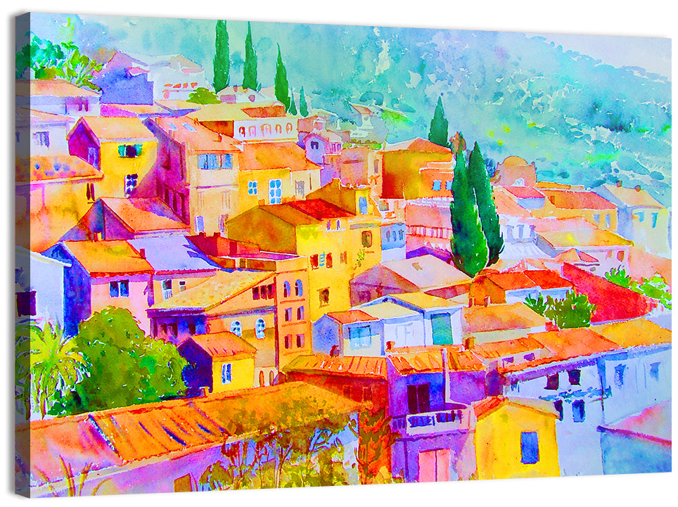 Mediterranean Hillside Watercolor Village Wall Art