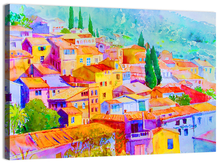 Mediterranean Hillside Watercolor Village Wall Art as a canvas print