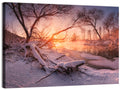 Sunset Over Snowy Forest Lake Wall Art