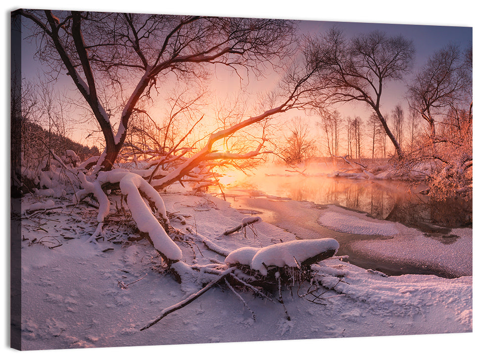 Snowy Forest Lake Sunset Wall Art