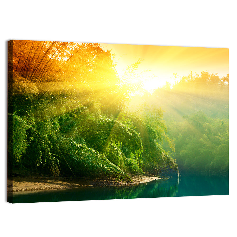 Golden Bamboo Riverbank Wall Art, canvas print, landscape