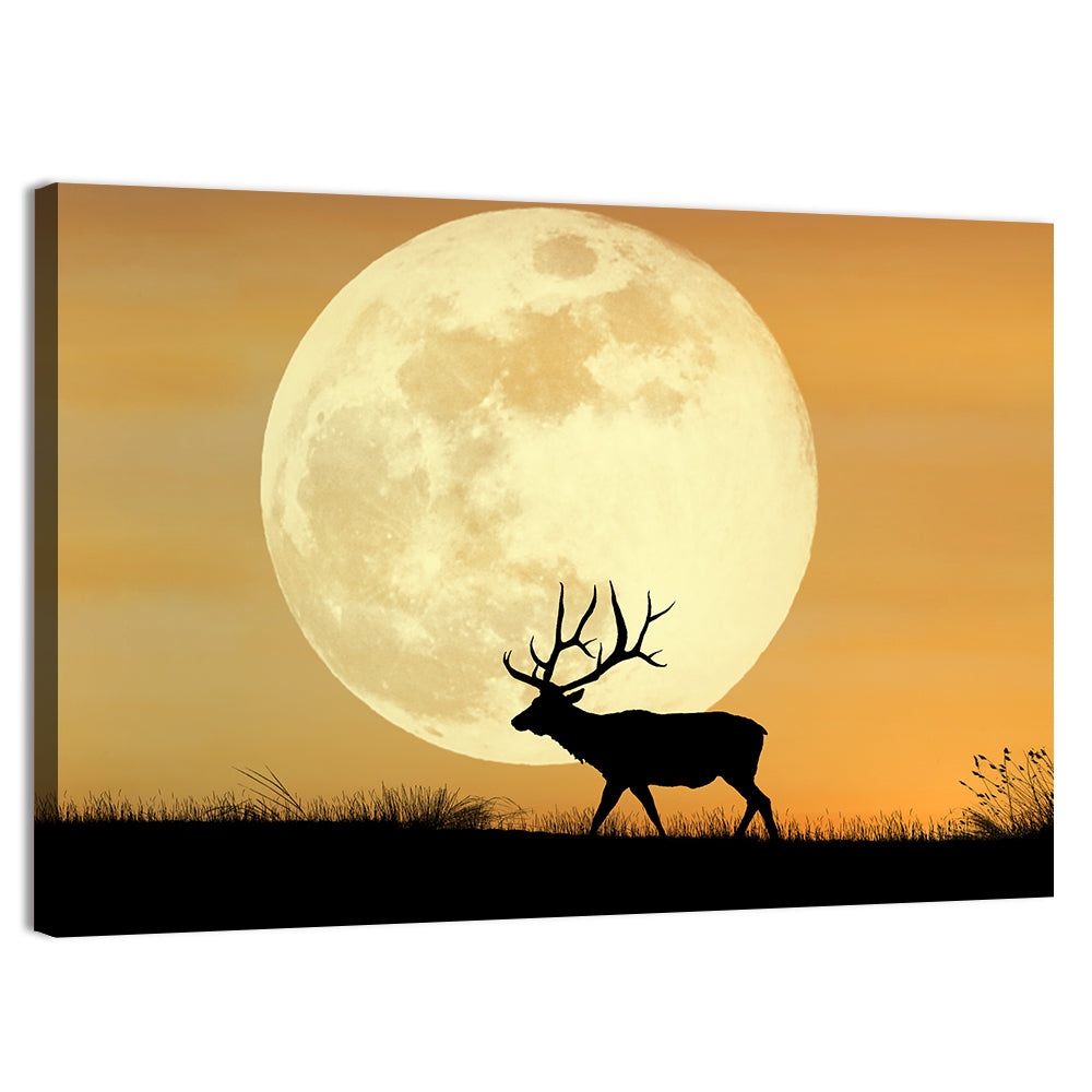 Bull Elk Silhouette Under Supermoon Wall Art