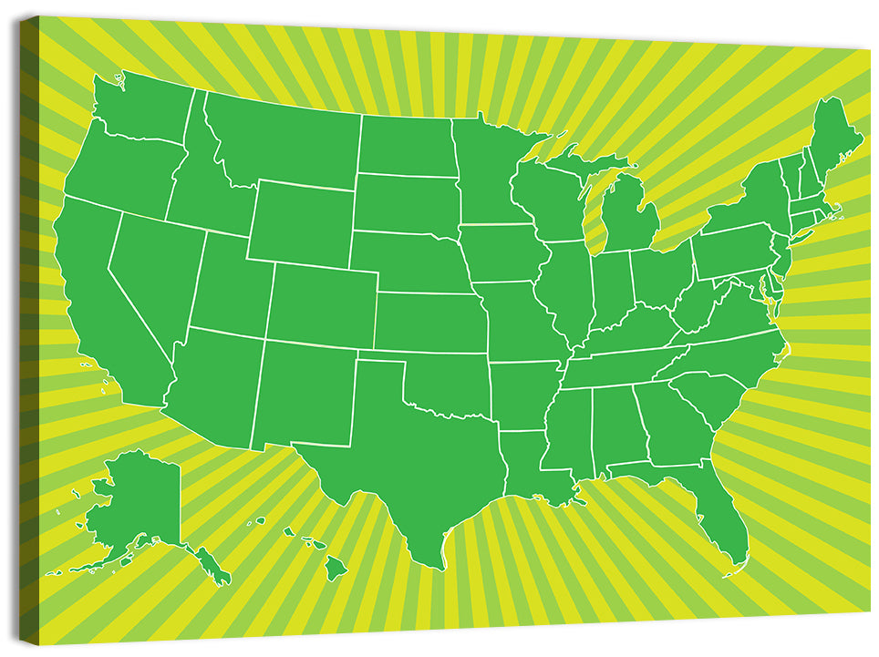 Green Sunburst USA Map Wall Art, canvas print, landscape