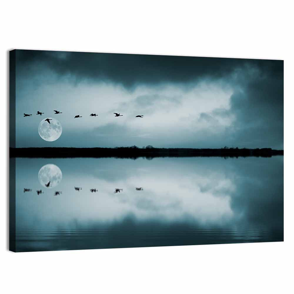Moonlit Flock Over Lake Wall Art, canvas print, landscape