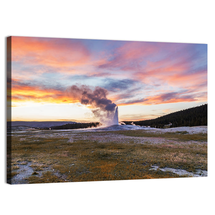 Old Faithful Erupting at Sunset Wall Art as a canvas print