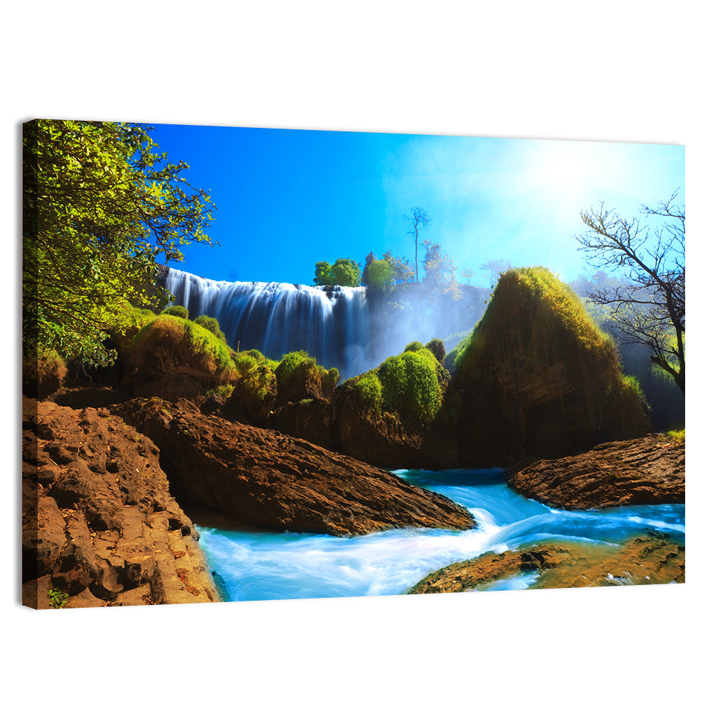 Sunlit Turquoise Waterfall Wall Art, canvas print, landscape