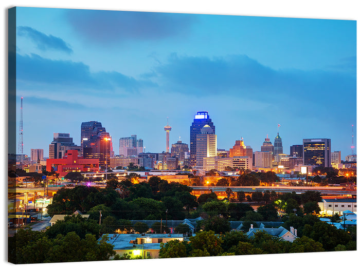 San Antonio Skyline at Dusk Wall Art as a canvas print
