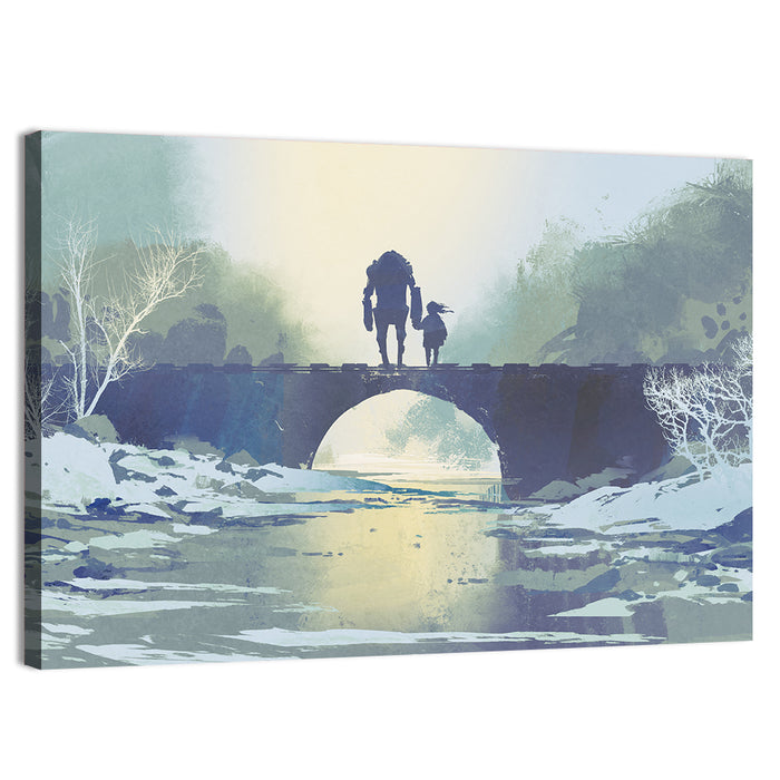Robot and Little Girl on Bridge Wall Art as a canvas print