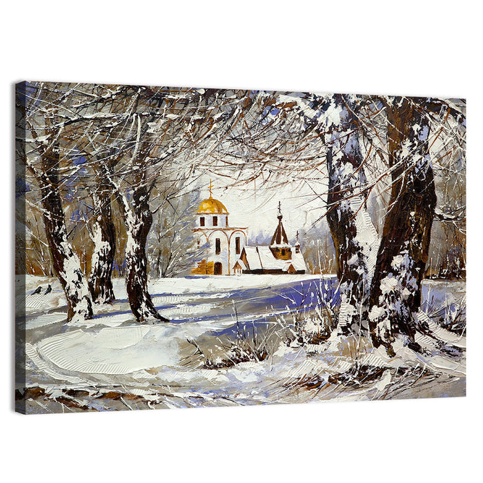 Winter Church with Gold Dome Wall Art as a canvas print