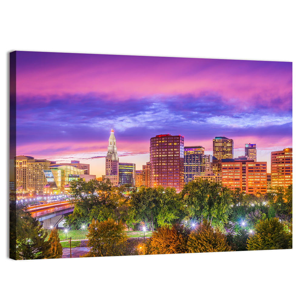 Hartford Skyline at Dusk Wall Art, canvas print, landscape