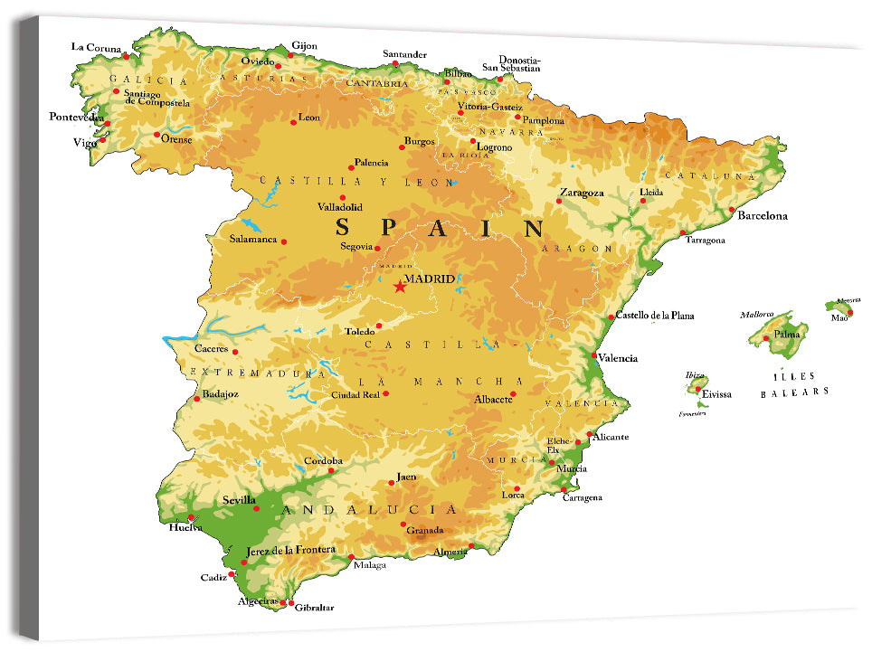 Spain Topographic Relief Map Wall Art, canvas print, landscape