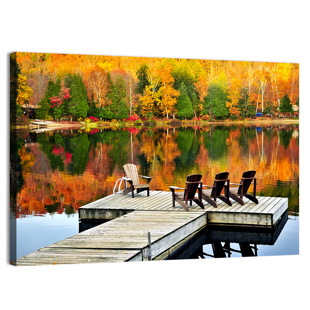 Autumn Lake Dock with Adirondack Chairs Wall Art, canvas print, landscape