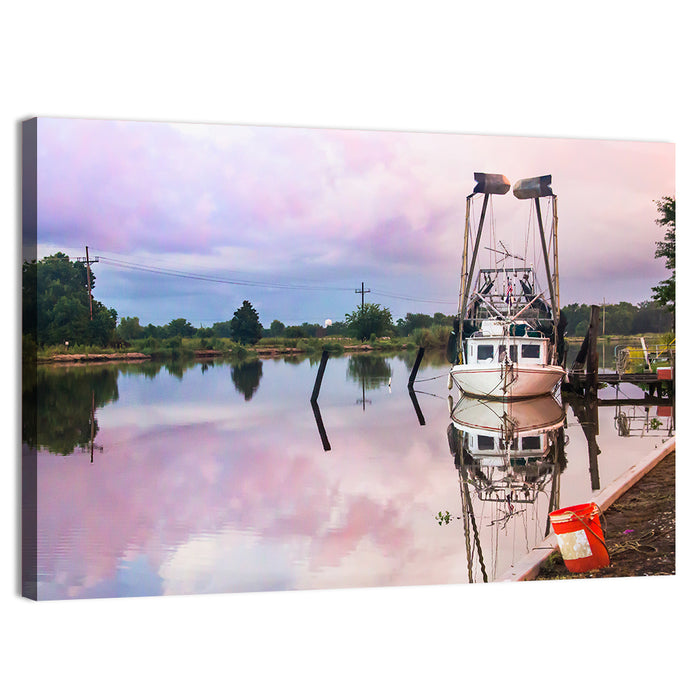 White Shrimp Boat on Louisiana Bayou Wall Art as a canvas print